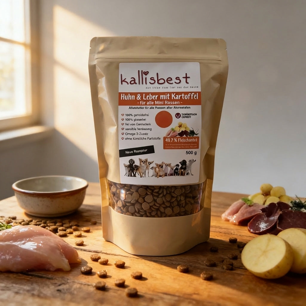 Huhn & Leber mit Kartoffel Mini Hunderassen – 52% Fleischanteil, getreidefrei, Taurin | Kallisbest