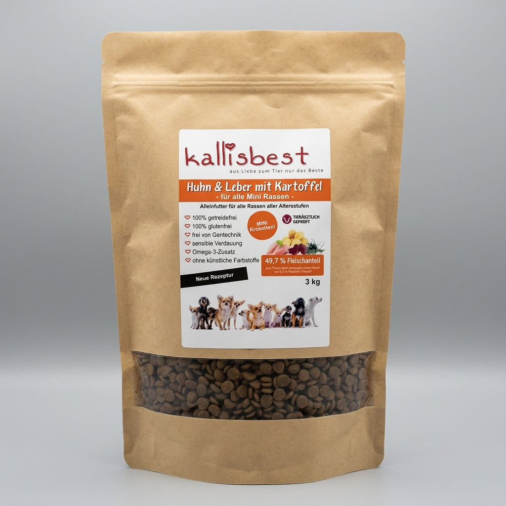 Huhn & Leber mit Kartoffel Mini Hunderassen – 52% Fleischanteil, getreidefrei, Taurin | Kallisbest