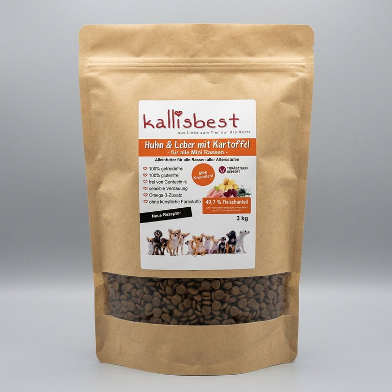 Huhn & Leber mit Kartoffel Mini Hunderassen – 52% Fleischanteil, getreidefrei, Taurin | Kallisbest