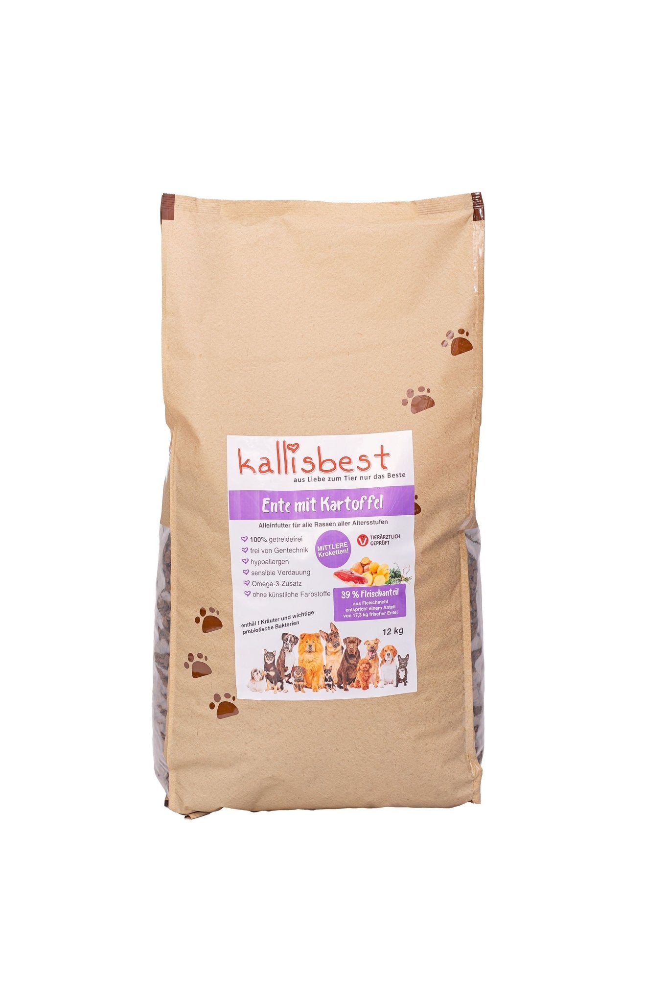 Kallisbest Ente mit Kartoffel Trockenfutter für Hunde, mittlere Kroketten in einer 12 kg Verpackung.