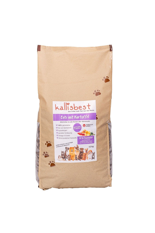 Kallisbest Ente mit Kartoffel Trockenfutter für Hunde, mittlere Kroketten in einer 12 kg Verpackung.