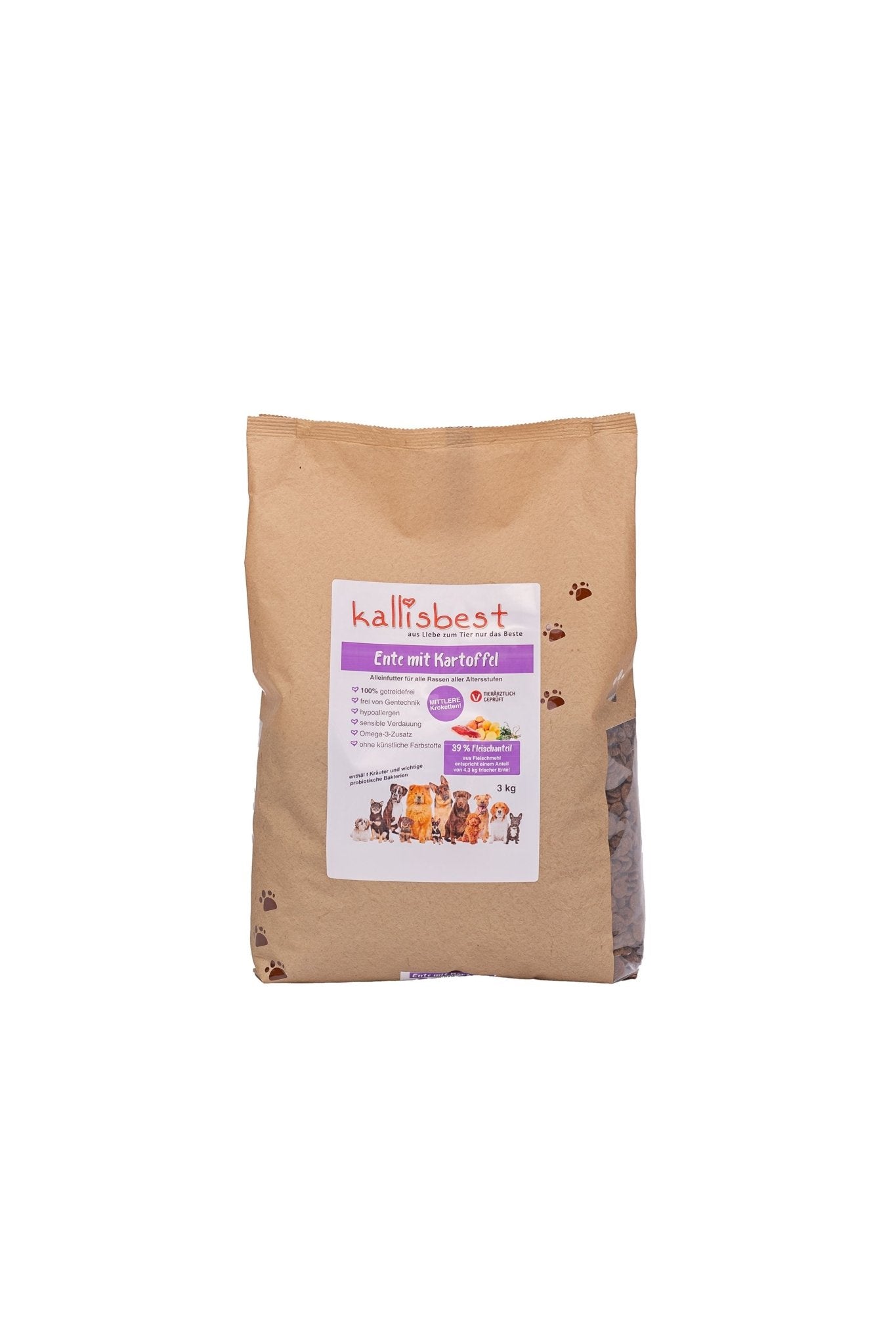 Kallisbest Trockenfutter für Hunde mit Ente und Kartoffel, mittlere Kroketten in einer 3kg Verpackung.