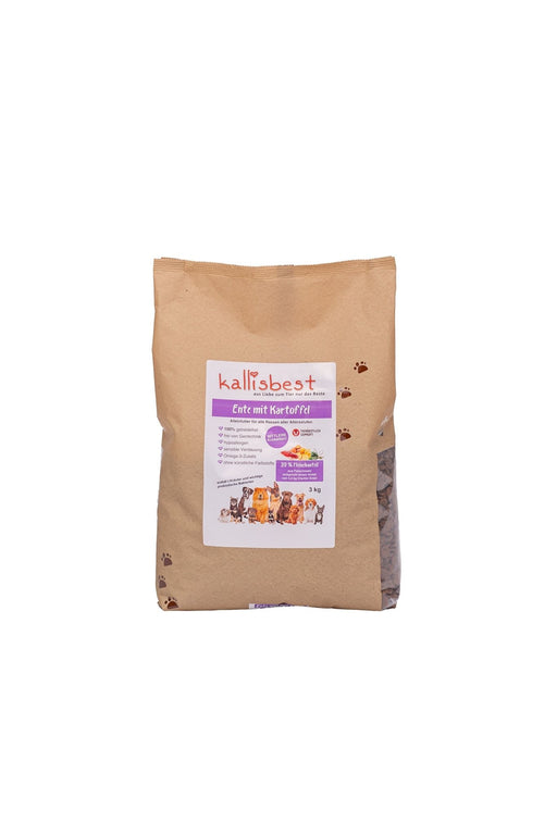 Kallisbest Trockenfutter für Hunde mit Ente und Kartoffel, mittlere Kroketten in einer 3kg Verpackung.