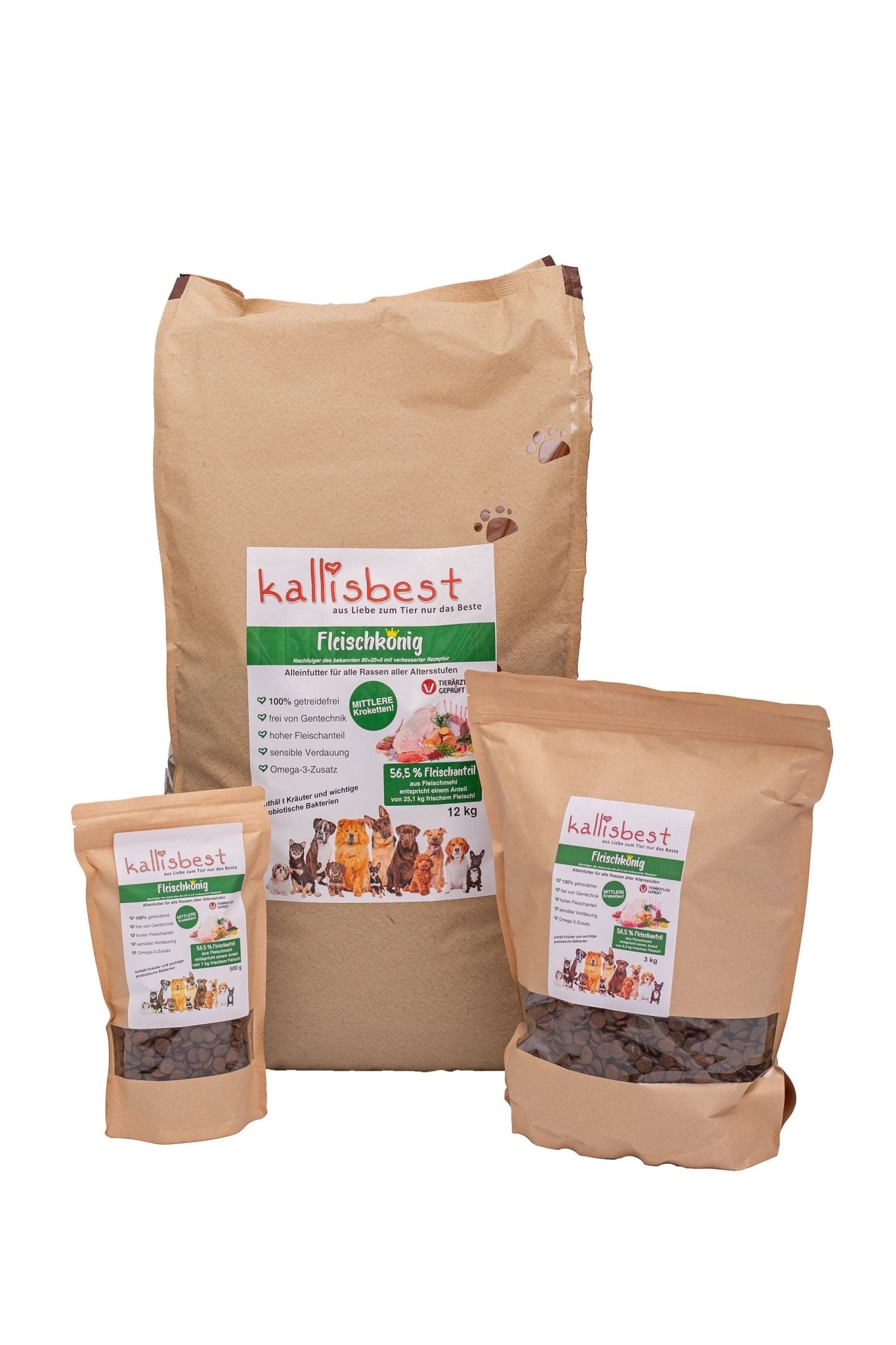 Fleischkönig mittlere Kroketten für Hunde von kallisbest in einer großen 12kg Verpackung, mit appetitlichen Trockenfutterkroketten.