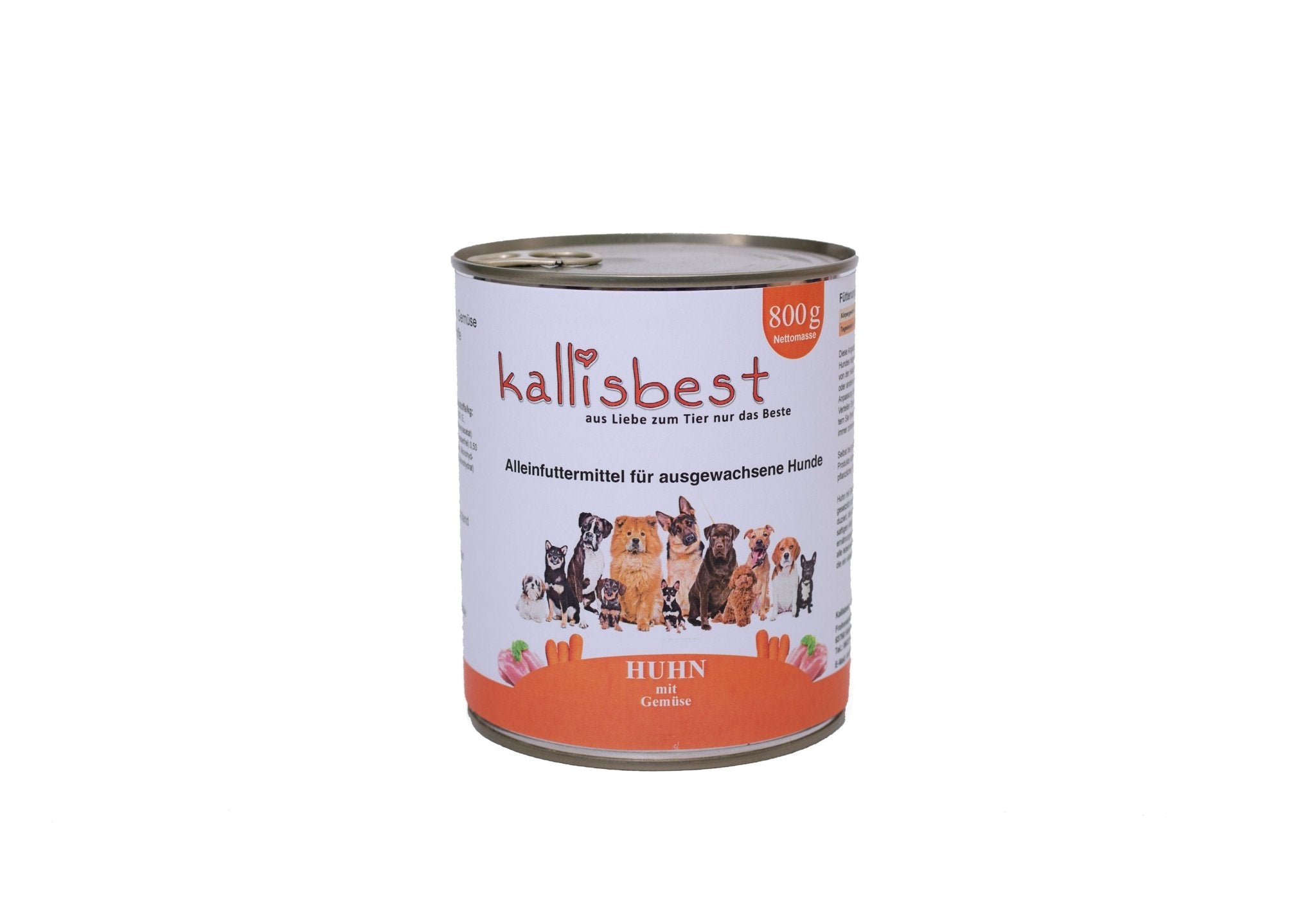 Huhn mit Gemüse Nassfutter für Hunde von kallisbest in einer 800g Dose, zeigt saftiges Huhn und frisches Gemüse.