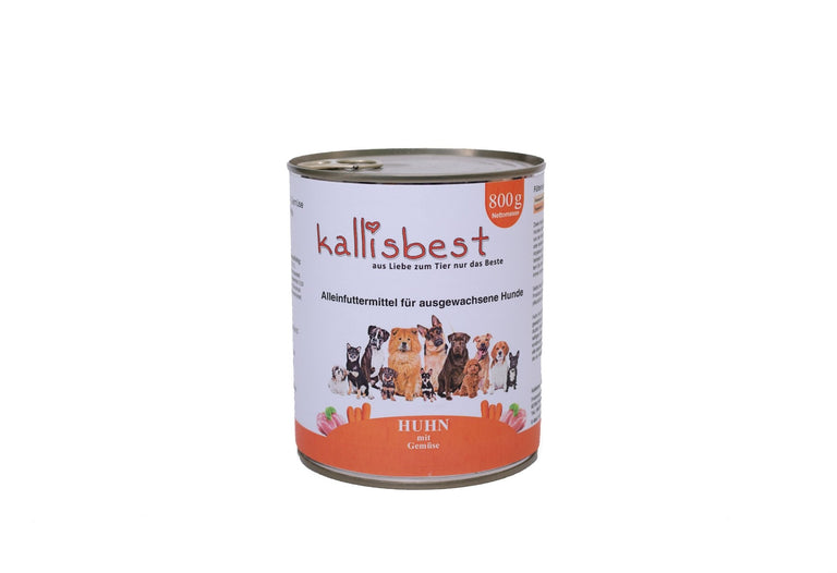Huhn mit Gemüse Nassfutter für Hunde von kallisbest in einer 800g Dose, zeigt saftiges Huhn und frisches Gemüse.