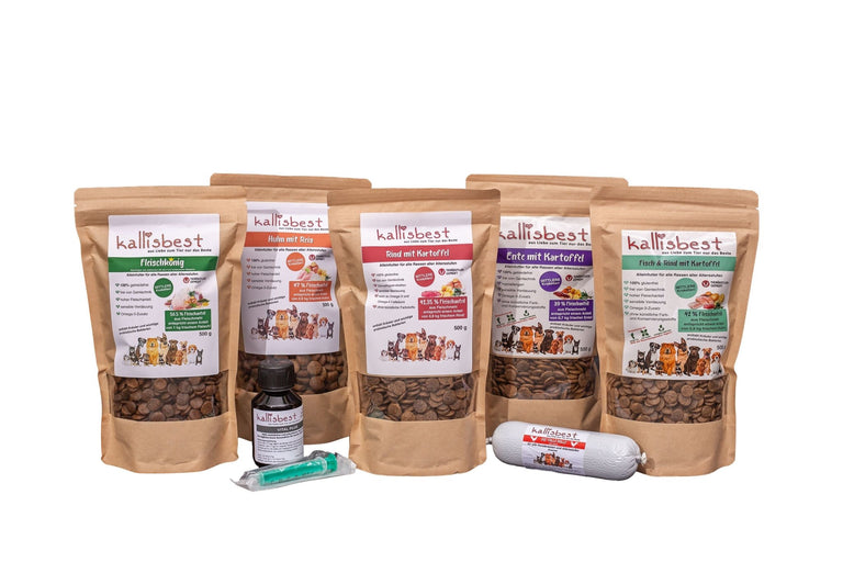 Probierpaket für Hunde von kallisbest mit 4 x 500g Beuteln und 200g Vital Plus Rolle, glutenfrei und für alle Rassen.