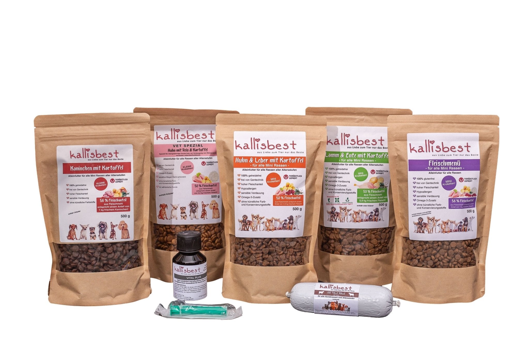 Probierpaket für kleine Hunderassen von kallisbest mit 3 x 500g Beuteln und 200g Vital Plus Rolle, glutenfrei.