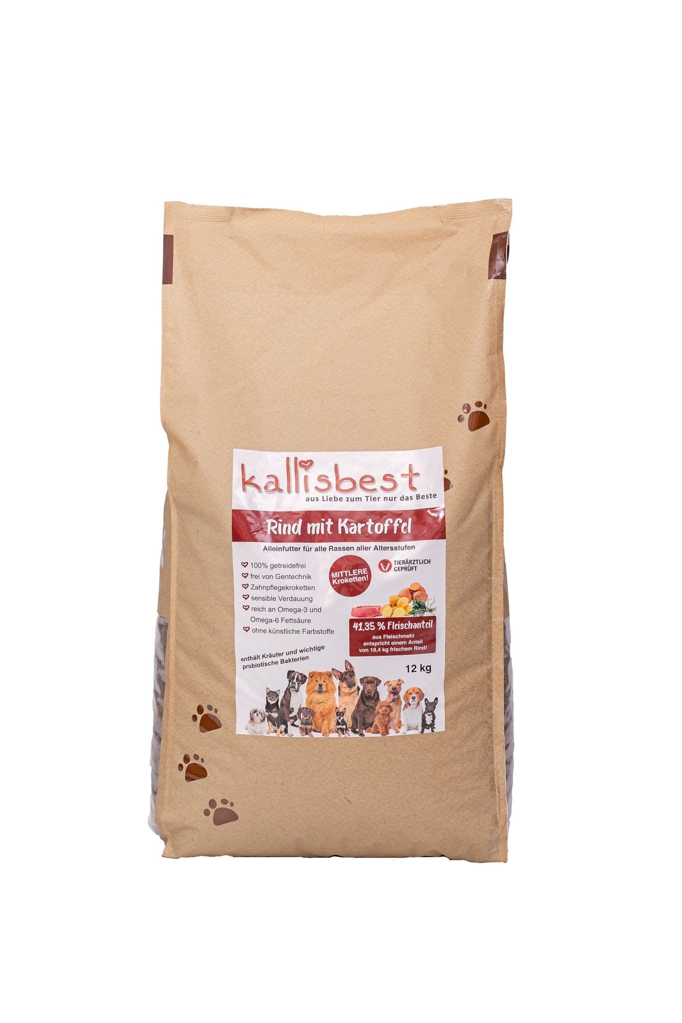 Rind mit Kartoffel mittlere Kroketten für Hunde von kallisbest in einer 12kg Packung, ideal für alle Hunderassen.