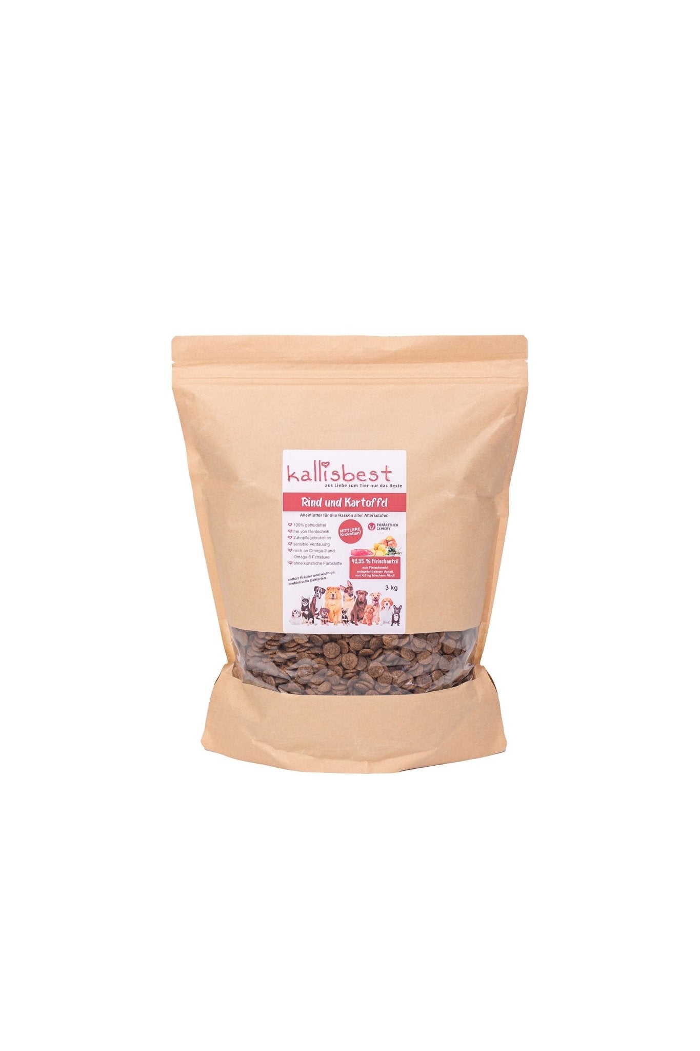 Rind mit Kartoffel mittlere Kroketten für Hunde von kallisbest, in einer 3kg Packung, zeigt trockene Hundekroketten.