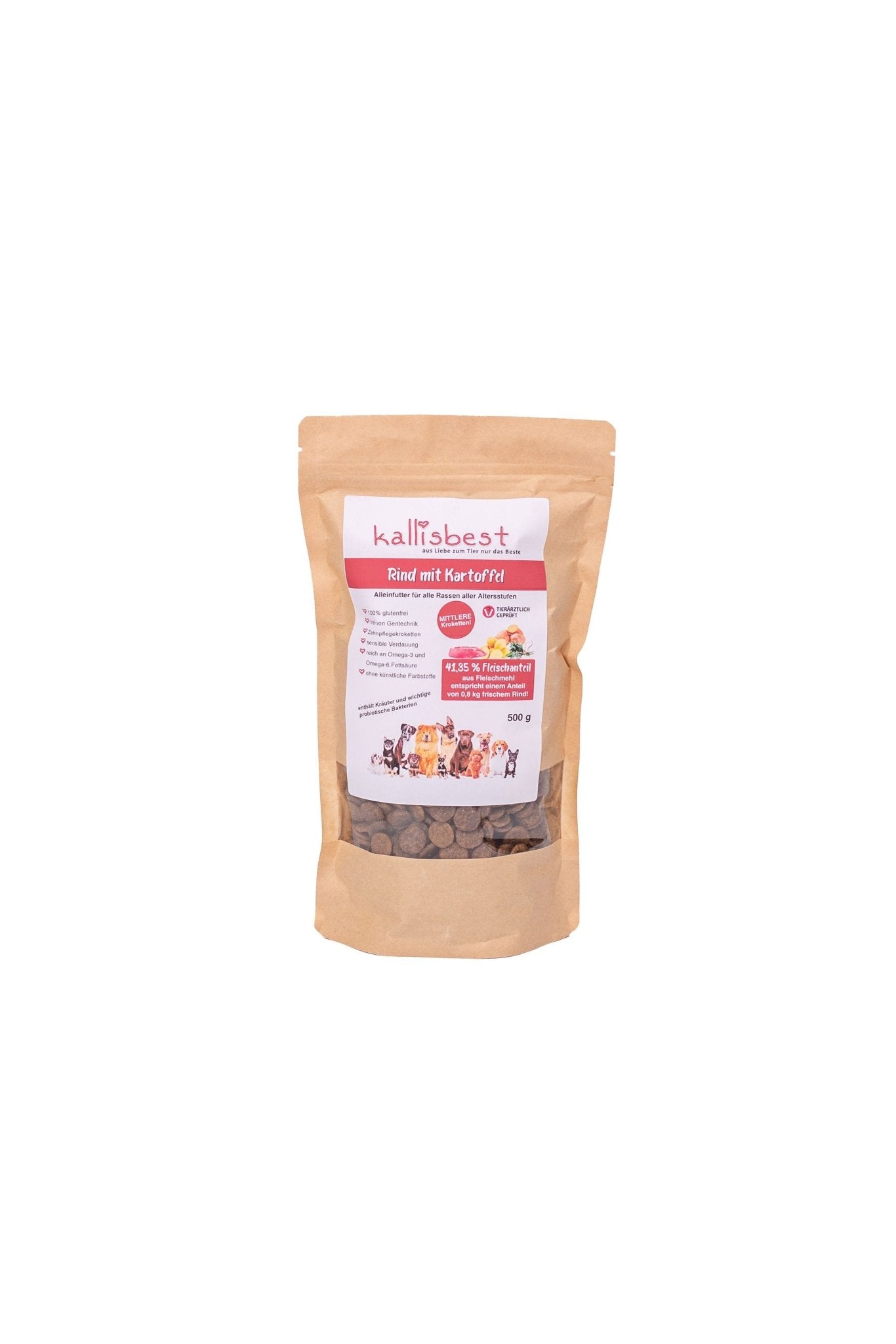 Kallisbest Rind mit Kartoffel mittlere Kroketten für Hunde, Trockenfutter in einer 500g Packung, für alle Rassen.