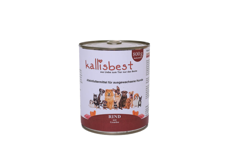 Hunde-Nassfutter von kallisbest mit Rind und Gemüse in einer 800g Dose, appetitliche Mischung für Hunde.