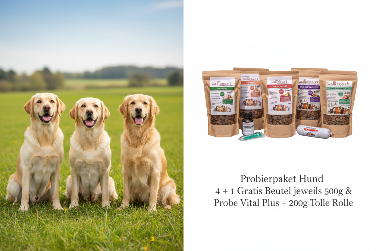 Probierpaket Hund 4 + 1 Gratis Beutel jeweils 500g & Probe Vital Plus + 200g Tolle Rolle