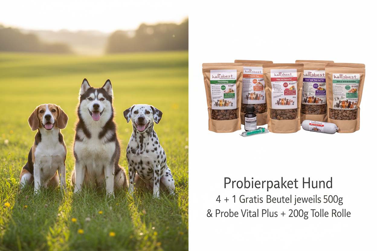 Probierpaket Hund 4 + 1 Gratis Beutel jeweils 500g & Probe Vital Plus + 200g Tolle Rolle