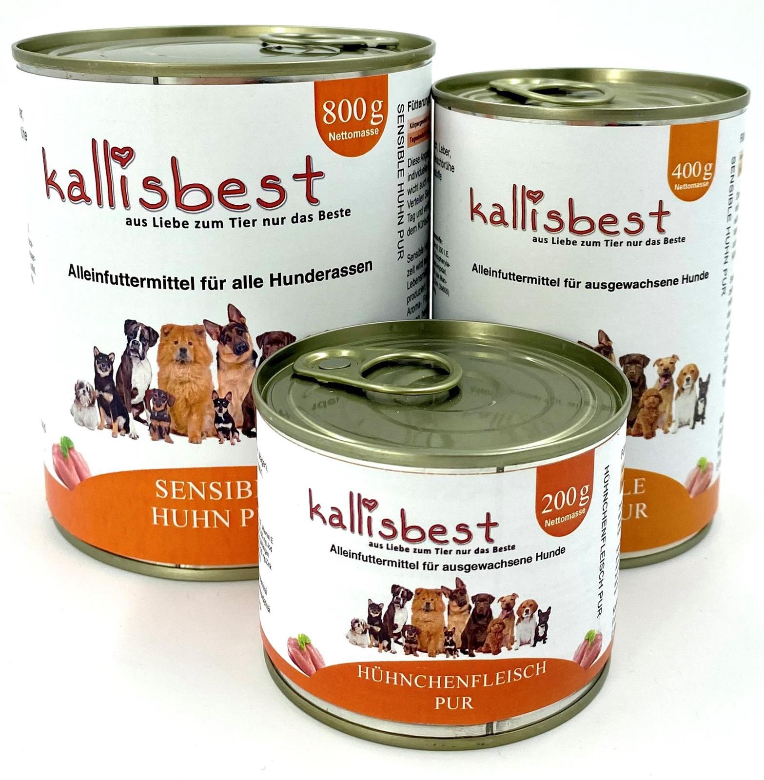Kallisbest Sensible Huhn pur 200g dog wet food with pure chicken meat in a packaging view.