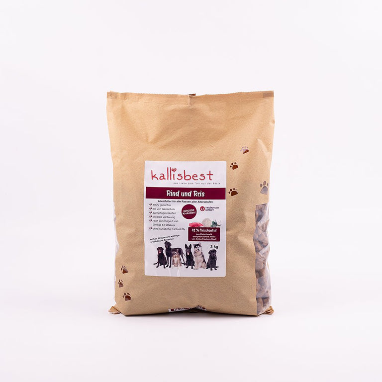 Kallisbest Rind mit Reis große Kroketten, Trockenfutter für Hunde, in einer 3 kg Packung, hochwertiges Hundefutter.