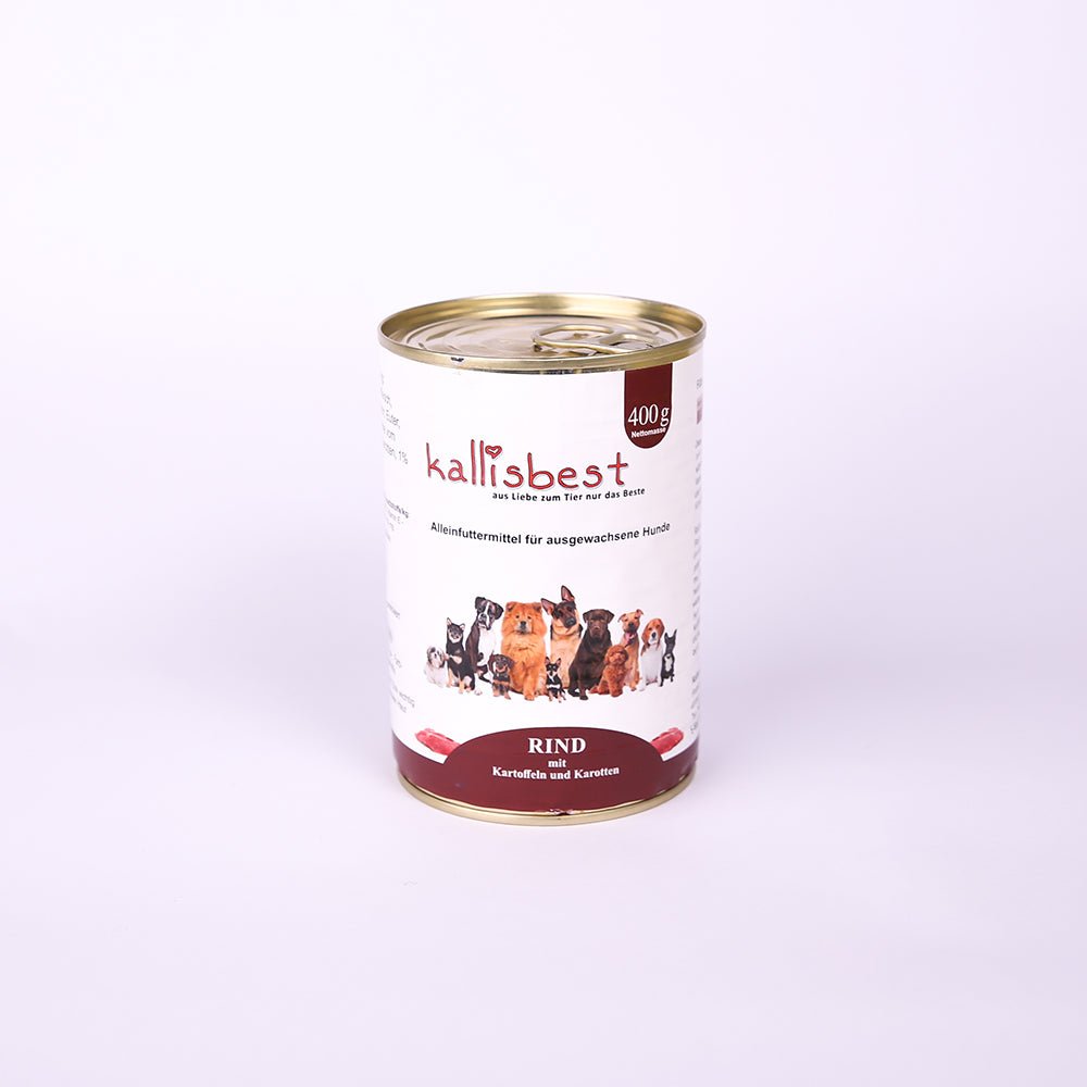 Rind mit Gemüse Nassfutter für Hunde von kallisbest in einer Schüssel, frisch und appetitlich angerichtet.