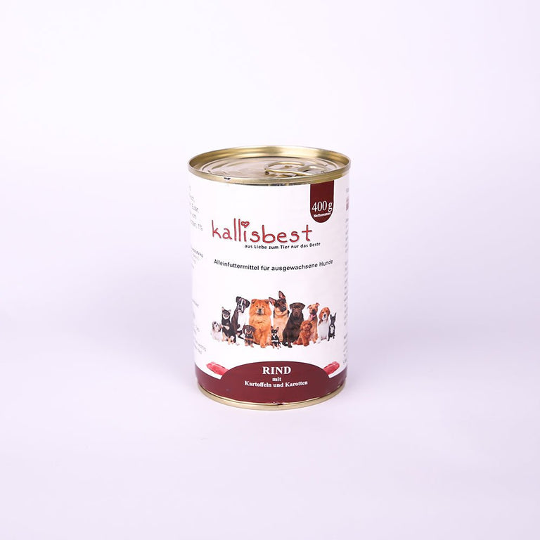Rind mit Gemüse Nassfutter für Hunde von kallisbest in einer Schüssel, frisch und appetitlich angerichtet.