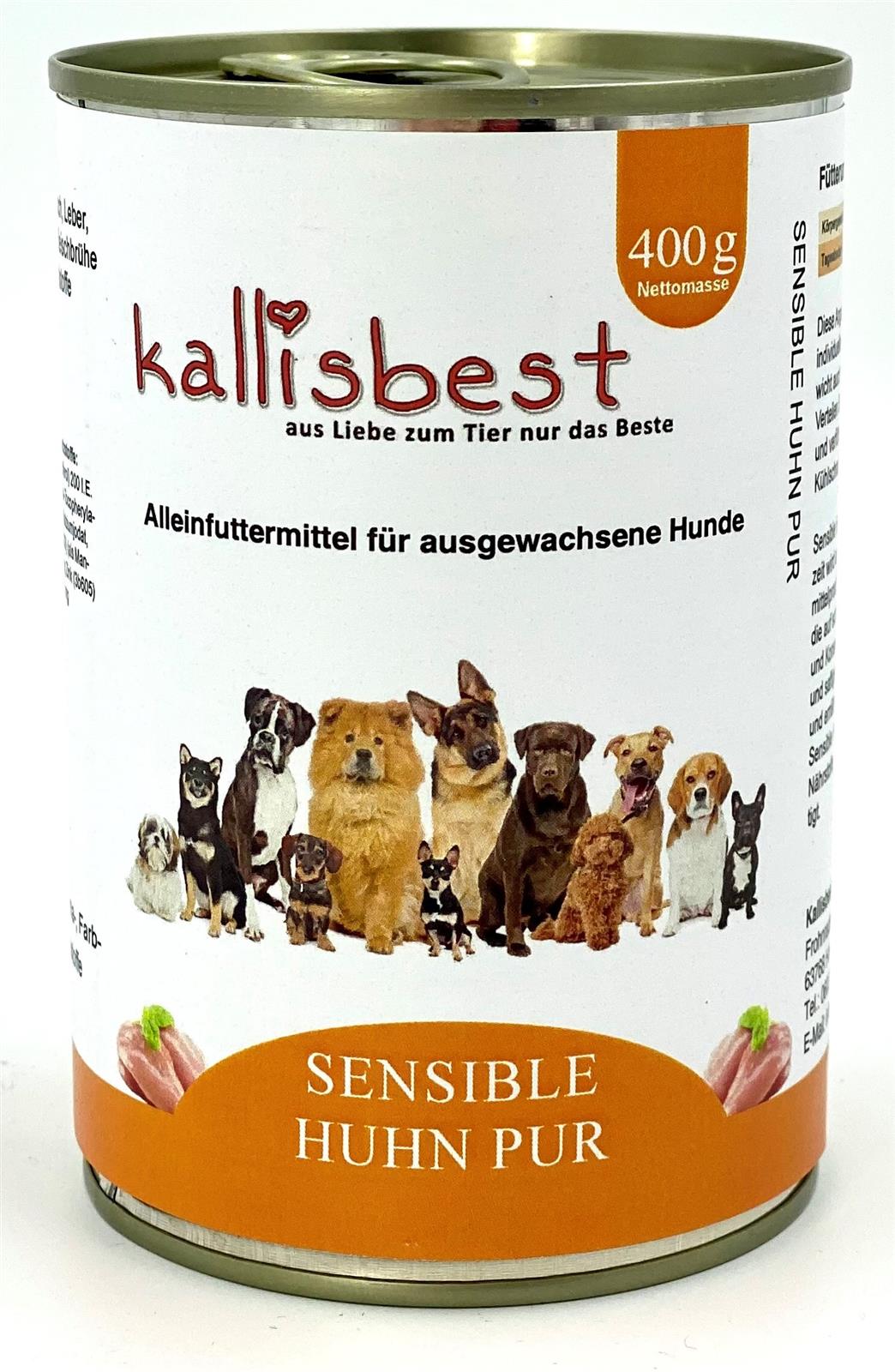 Sensible Huhn pur 400g dog wet food from kallisbest in a packaging featuring the product and ingredients.