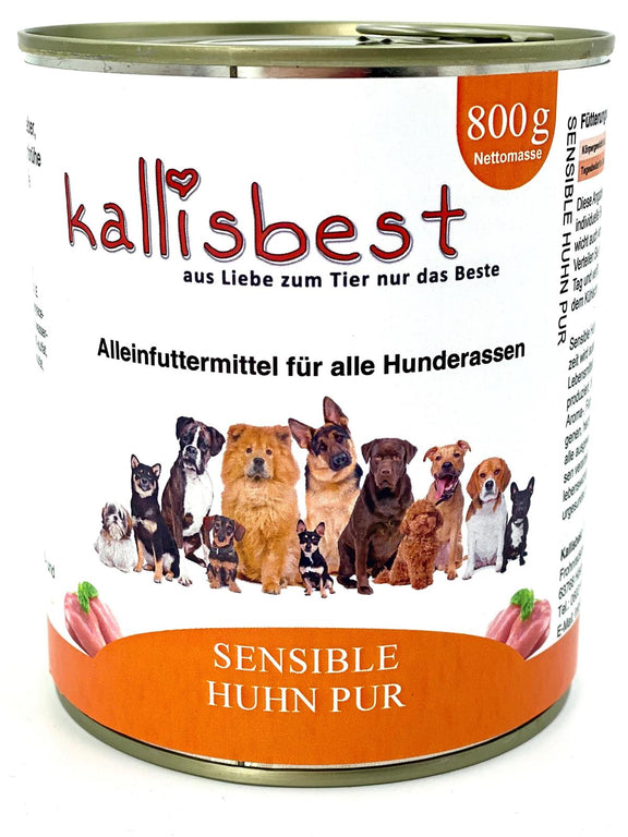 Sensible Huhn pur 800g, Kallisbest dog wet food featuring a bowl of moist chicken dog food.