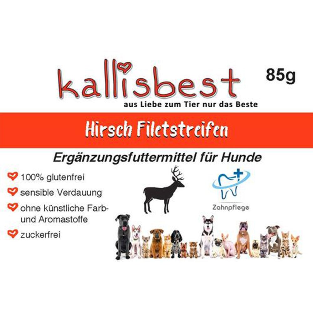Hirsch Filetstreifen 85g by kallisbest, dog treats for all breeds and ages, featuring tender strips of venison.