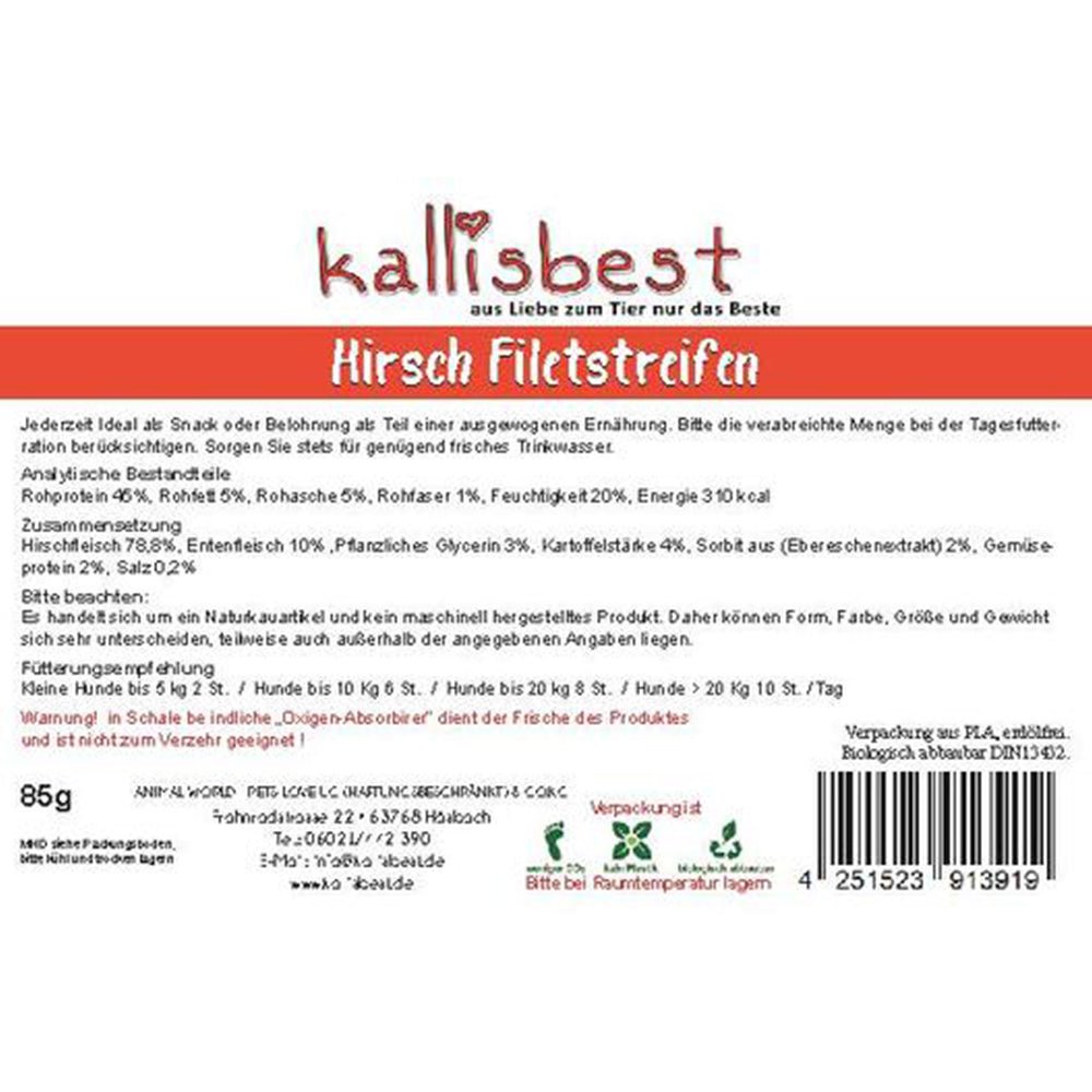 Hirsch Filetstreifen 85g dog treats from kallisbest, featuring tender strips of venison for dogs of all breeds and ages.