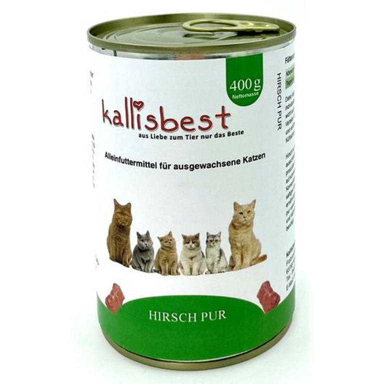 Kallisbest Neu Hirsch Pur 400g, Nassfutter für Katzen in der Verpackung, mit appetitlicher Fleischtextur sichtbar.