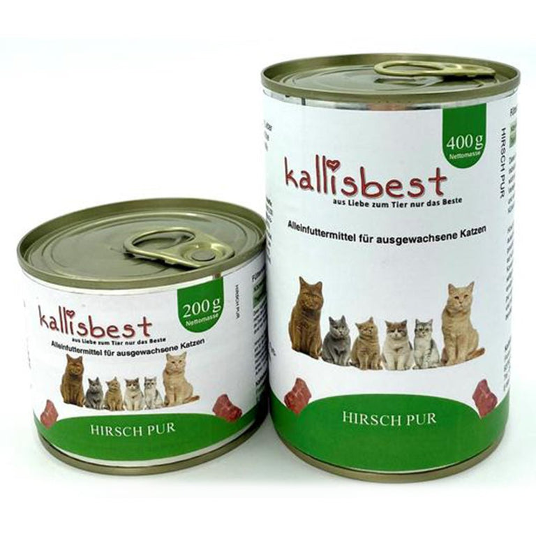 Hirsch pur wet cat food in 200g and 400g packaging by Kallisbest Neu for healthy feline nutrition.