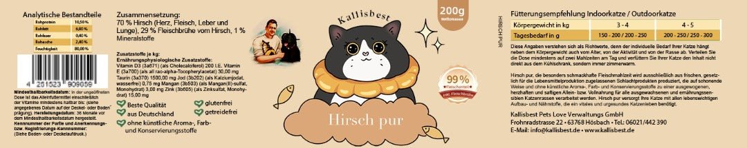 Hirsch Nassfutter für Katzen in 200g und 400g Verpackungen von Kallisbest Neu, zeigt hochwertige Zutaten und Textur.
