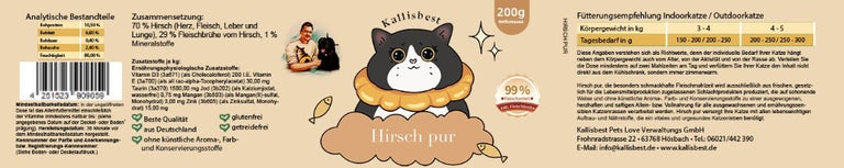 Hirsch Nassfutter für Katzen in 200g und 400g Verpackungen von Kallisbest Neu, zeigt hochwertige Zutaten und Textur.