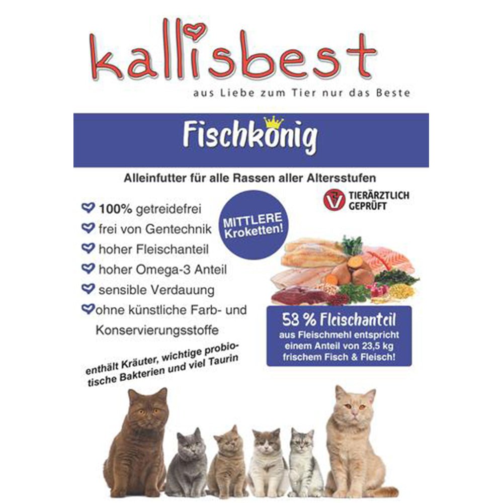 Kallisbest Fischkönig für Katzen, große Kroketten, in einer Schüssel, mit frischen Fischstücken sichtbar.