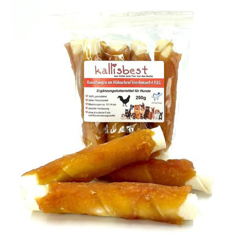 Hunde-Leckerbissen von kallisbest, große Kaustangen umhüllt mit Hühnchenfleisch, ideal für alle Rassen und Altersstufen.