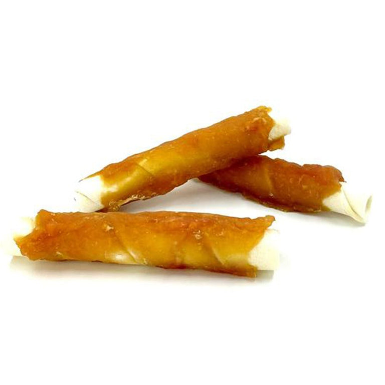 Kallisbest chicken-wrapped dog chews for all breeds and ages, showcasing the meaty texture and appetizing appearance.